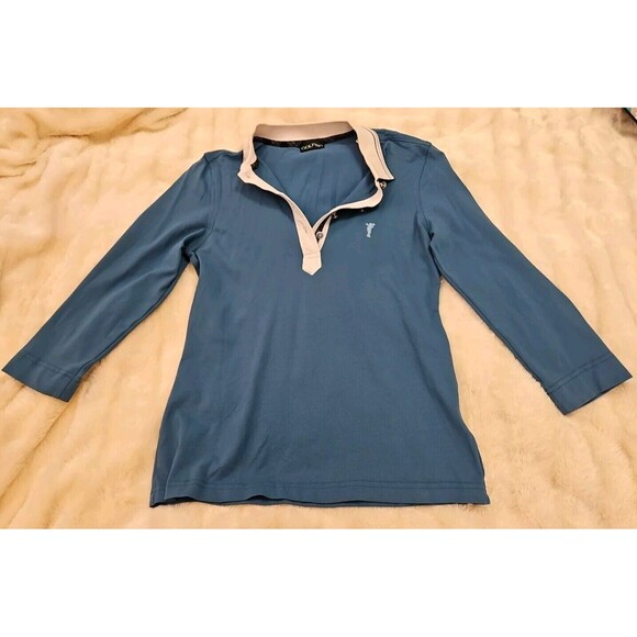 GOLFINO Womens Size 8 Teal W/ White Collar 3/4 Sleeve Polo Shirt Golf - Picture 1 of 8
